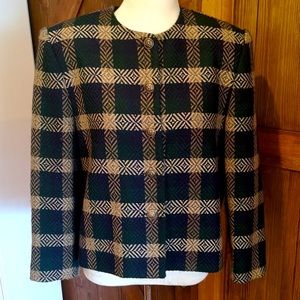 Vintage green blue and beige checkered plaid cropped style office jacket 70s 80s